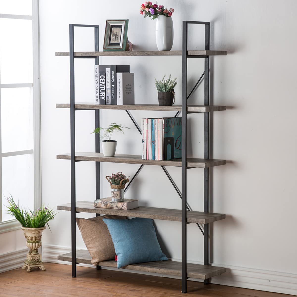 HSH 5 Tier BookShelf Farmhouse Storage Bookcases Modern Shelf Grey Oak