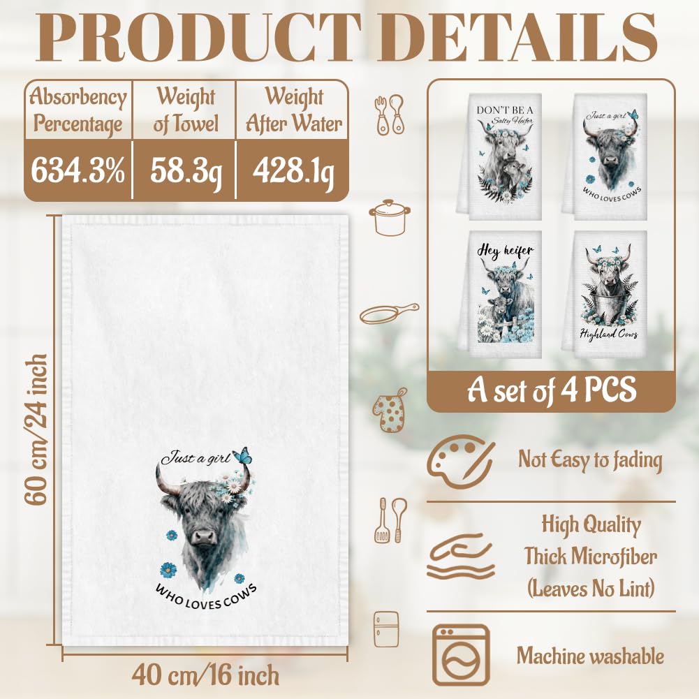 WADORN 4Pcs Highland Cattle Hand Towels, Vintage Farmhouse Rustic Kitchen Dish Towels 24 x 16 Inch Animal Microfiber Absorbent Soft Tea Dishcloths