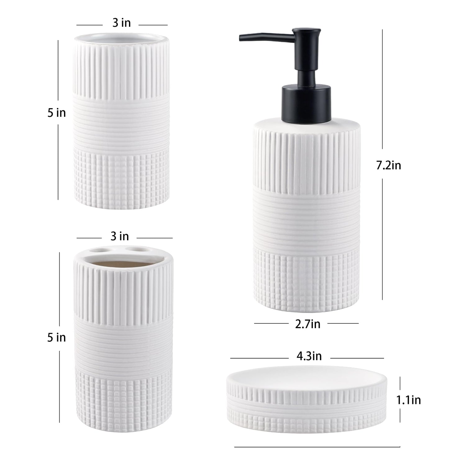 Bathroom Accessories Set of 4, Ceramic Bathroom Sets Complete-Toothbrush Holders, Soap Dispenser, Soap Dish, Toothbrush Cup