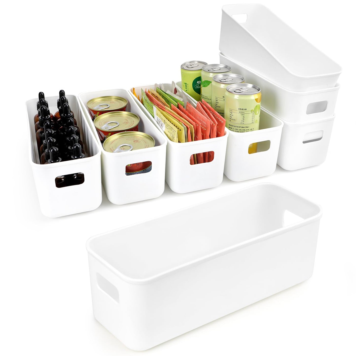 imatenn 8 pack Narrow Storage Box, Plastic Storage Baskets for Shelves, Slim Kitchen Cupboard Organiser Storage Boxes for Bathroom Cabinet, Drawers