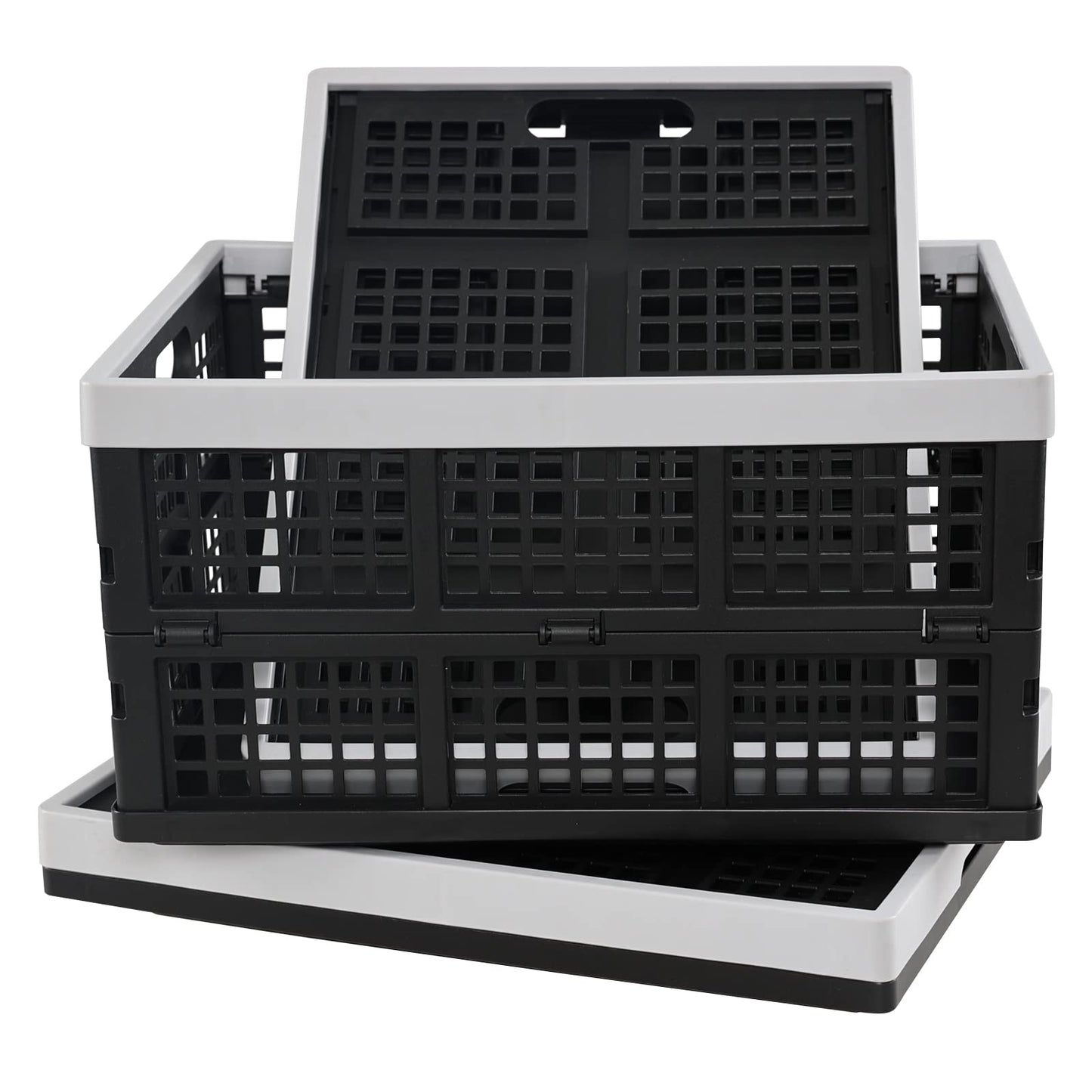Ikando 3 Packs 30 L Black Foldable Crate, Plastic Collapsible Storage Box