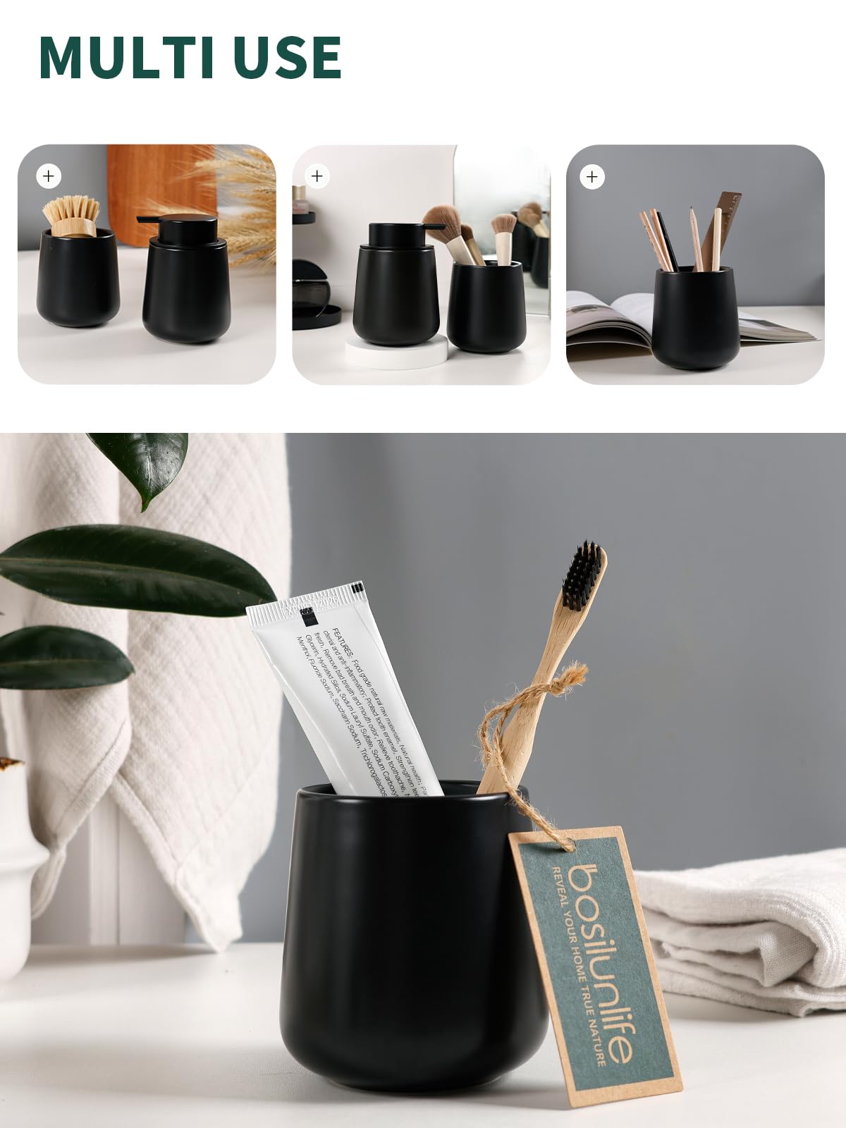 Bosilunlife Soap and Toothbrush Holder Set - Ceramic Bathroom Accessories Set Black Liquid Hand Soap Dispenser Set for Bathroom Toothbrush Holder and