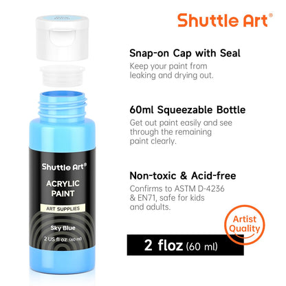 Shuttle Art 72 Pack Acrylic Paints Set, 60 Colours Acrylic Paint (2oz,60ml) with Extra White Black & 12 Brushes, Rich Pigmented, Water Proof, Ideal