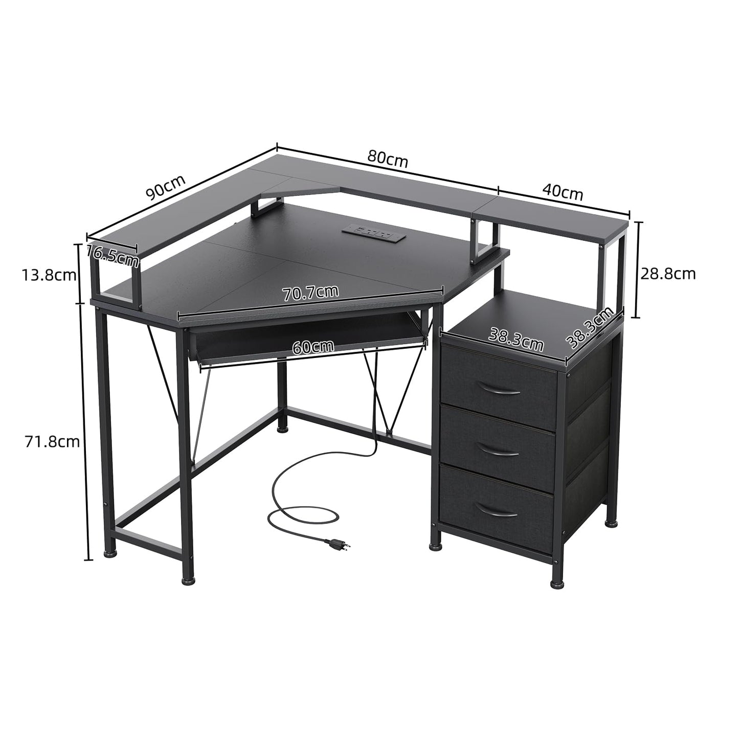 Flrrtenv 90x120cm Corner Desk with 3 Drawers, L Shaped Computer Desk with Keyboard Tray with Power Outlet & Monitor Stand