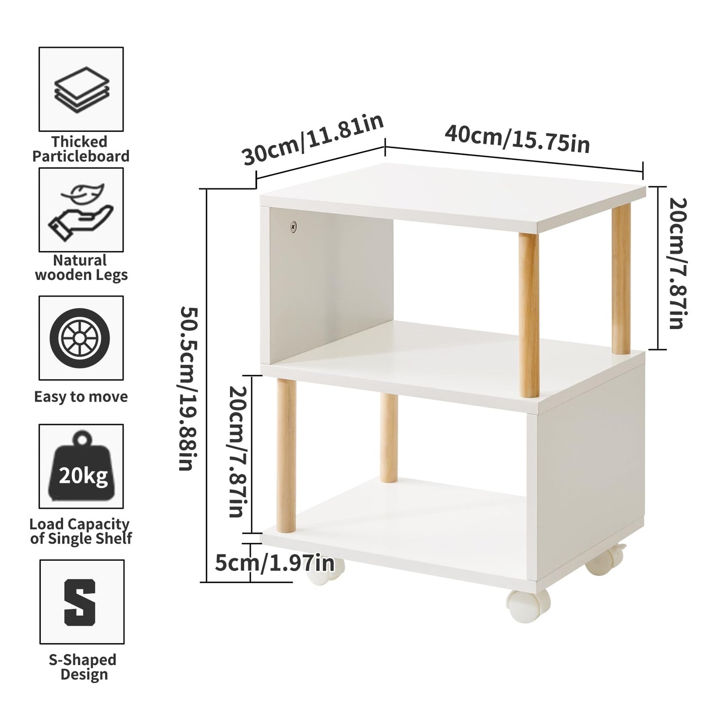 Aibiju 3 Tier Side table with wheels, Narrow End Table with Storage Shelf, Bedside Table Nightstand for Small Spaces, Bedroom, Living Room
