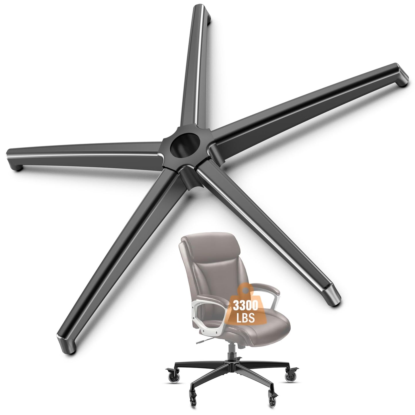 Heavy Duty Alloy Office Chair Base Replacement - Reinforced Metal Legs, Universal Gas Cylinder and Caster Socket (3300 lbs) (Black chair base)