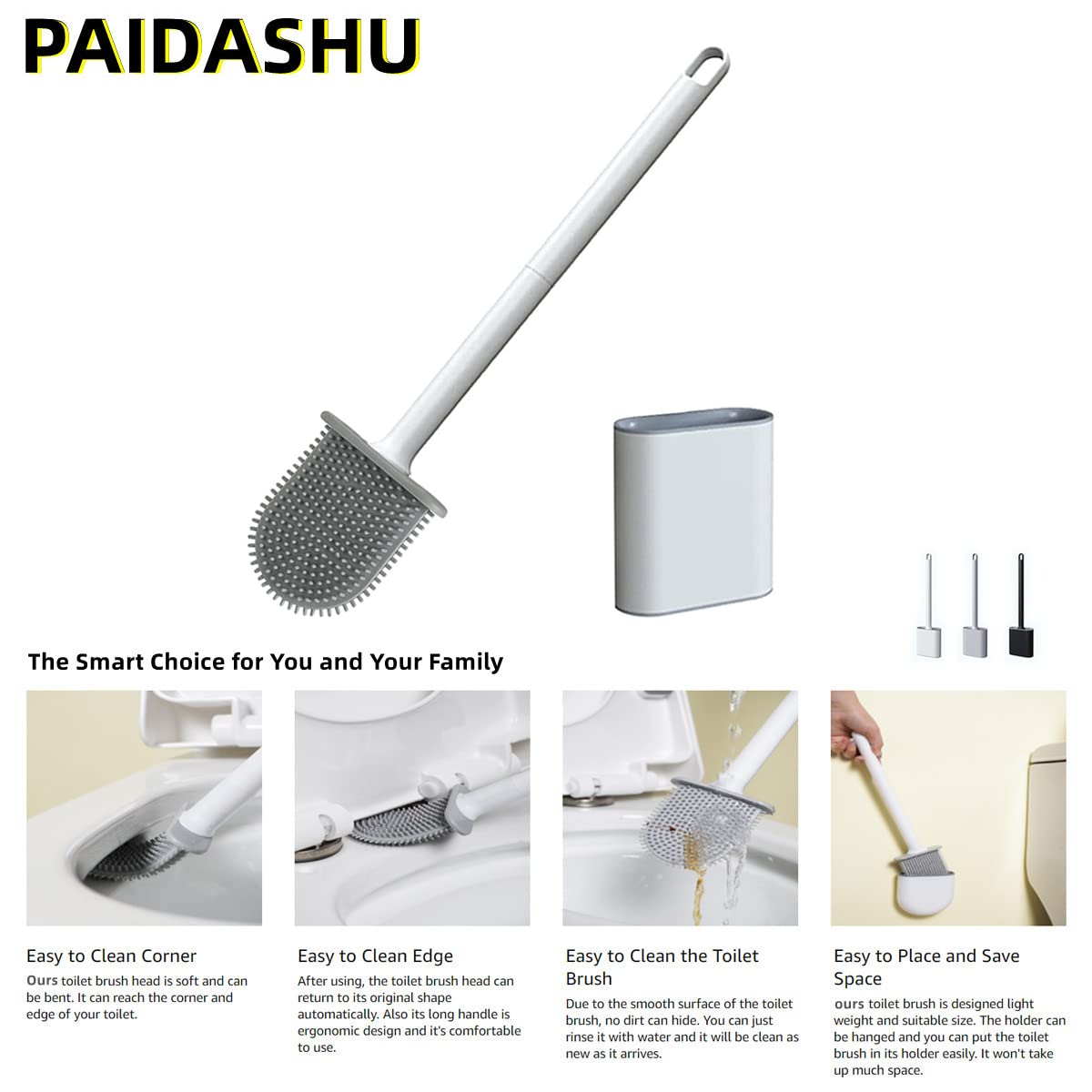 Toilet Brush,Bathroom Silicone Toilet Brush,With Holder Wall Mounted,with No-Slip Long Handle,Drying,Professional Deep Cleaning toilet brushes for
