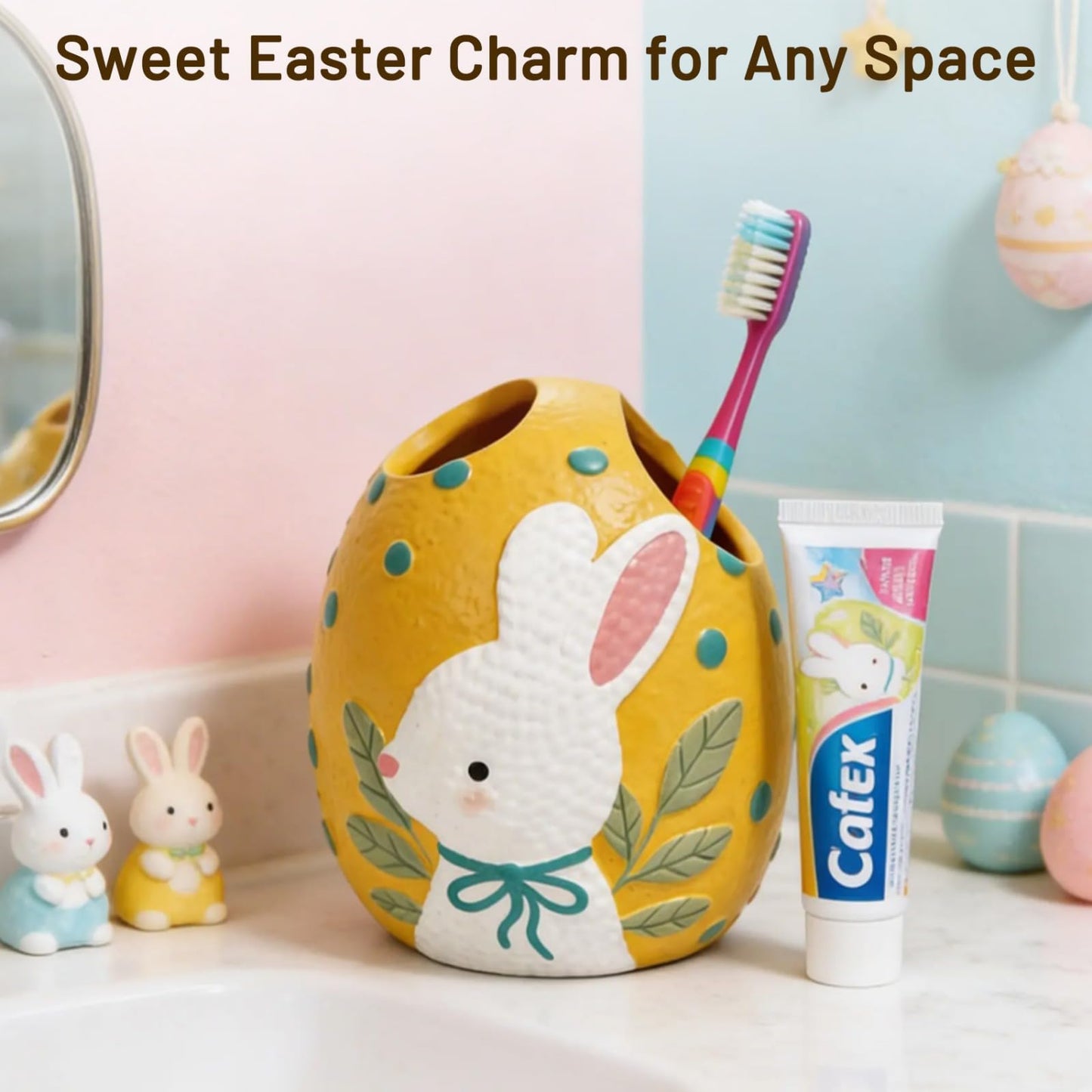 Blissilk Bunny Design Toothbrush Holder, 2 Slots Tooth Brush Holder, Resin Built Toothbrush Holders for Bathroom, Vanity Counter