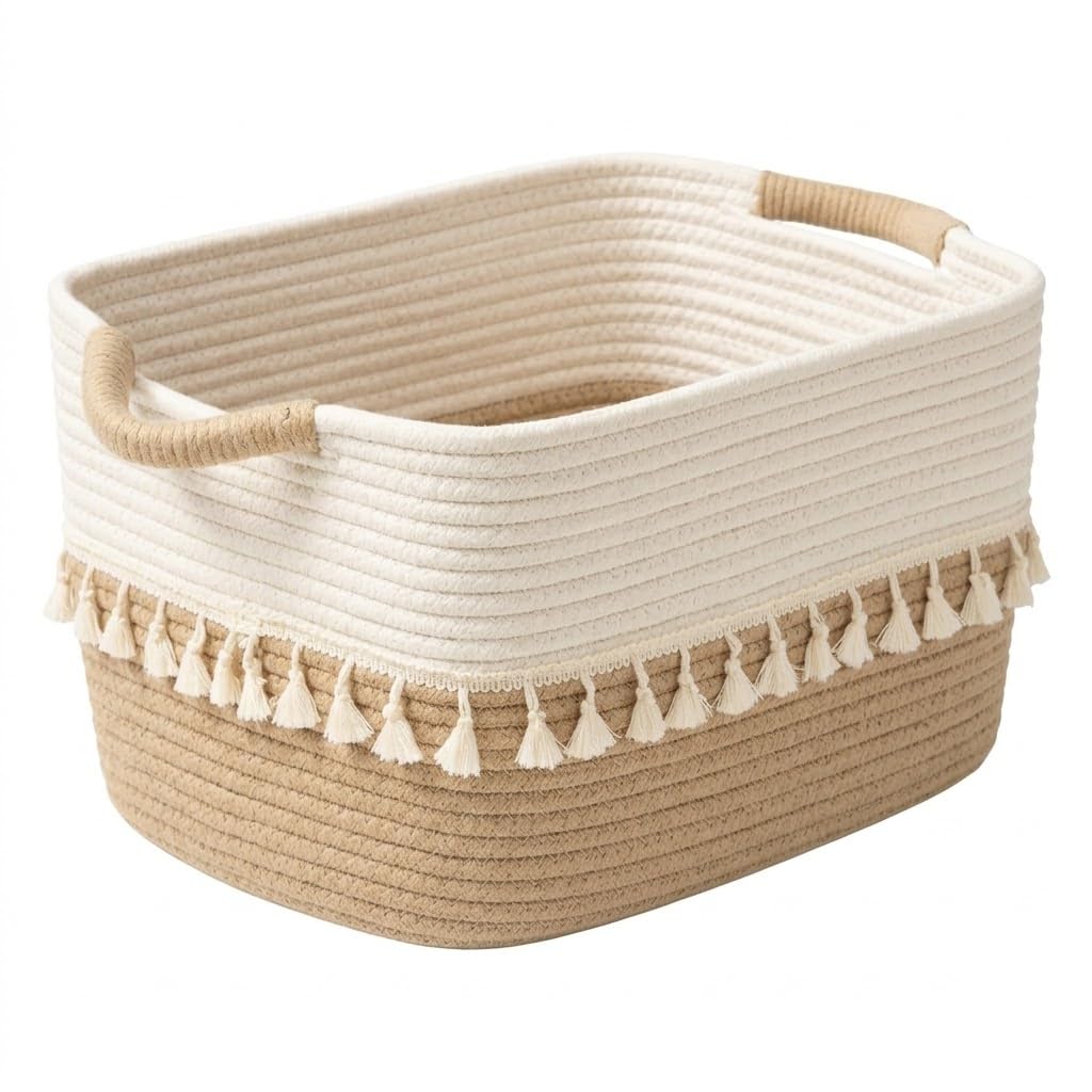 danpinera Storage Baskets 38x25x22cm – Woven Storage Basket with Tassels, Toy Basket with Handle, Rope Organizer for Living Room, Bathroom Baskets