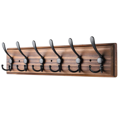 PHINGEER Wall Mounted Coat Hooks, Wooden Heavy Duty Coat Rack for Wall,6 Triple Coat Hanger Hooks for Hanging Coats,Jacket,Hat,Clothes,Brown (Brown, 6
