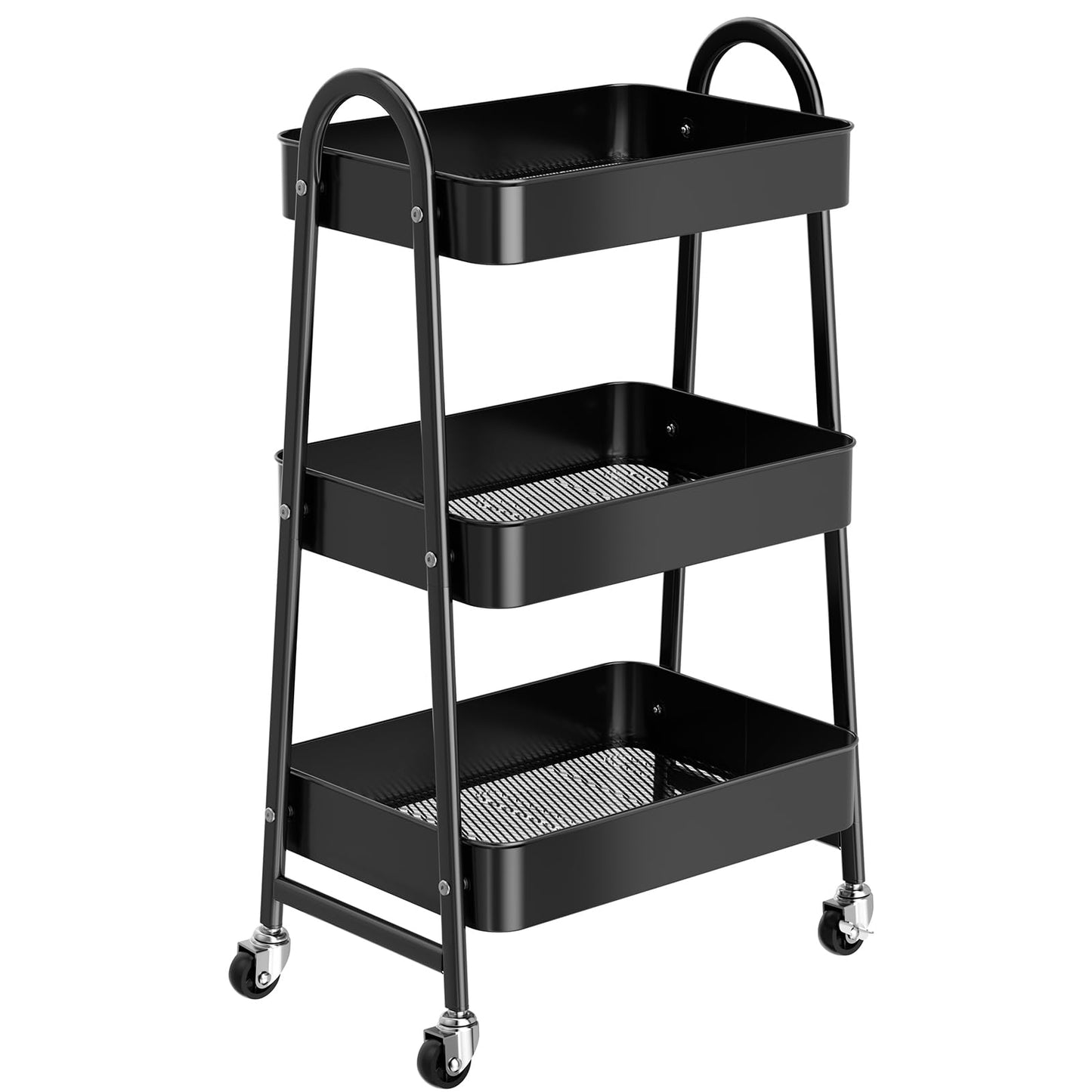 StowBin 3 Tier Metal Rolling Cart Kitchen Storage Cart with Wheels - Black