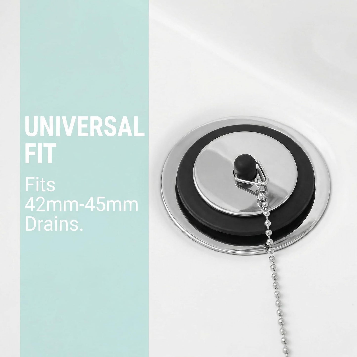 3 Pcs Bath Plug with 40cm Stainless Steel Chain, Universal, 42mm to 45mm, Sink Plug Replacement for Bathroom, Kitchen, Bathtub, Rubber Drain Stopper