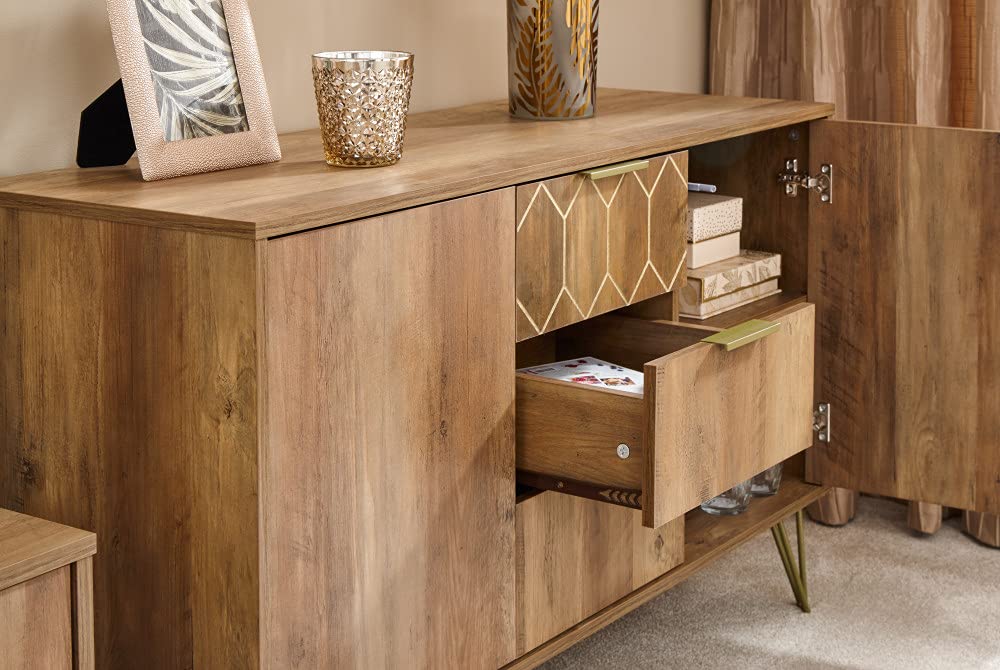 GFW Orleans Mango Effect Sideboard, 2 Door 3 Drawer Storage Cabinet with Hairpin Legs, Modern Living Room and Dining Room Furniture