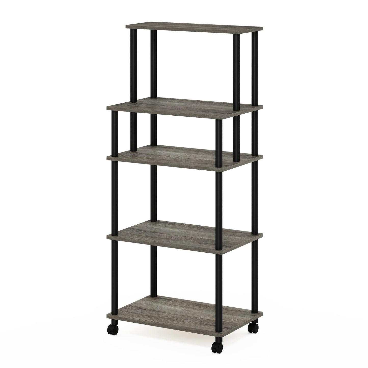 Furinno TURN-N-TUBE Bakers Rack with Wheels, 5-Tier Kitchen Storage Cart, Kitchen Cart, Coffee Bar, Pantry Organizers and Storage, French Oak Grey