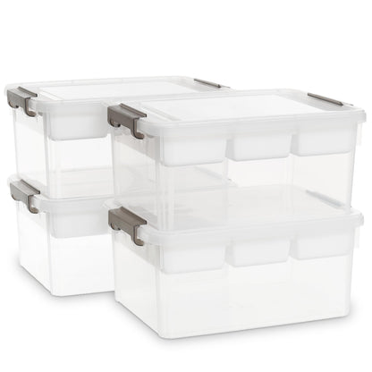 Citylife 4 Packs 16L Plastic Storage Boxes with Removable Tray Clear Plastic Box large Storage Box with Lid Stackable Storage Boxes for Organizing