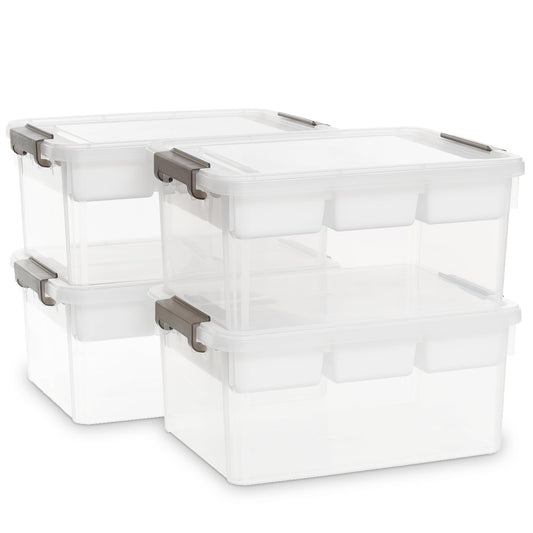 Citylife 4 Packs 16L Plastic Storage Boxes with Removable Tray Clear Plastic Box large Storage Box with Lid Stackable Storage Boxes for Organizing