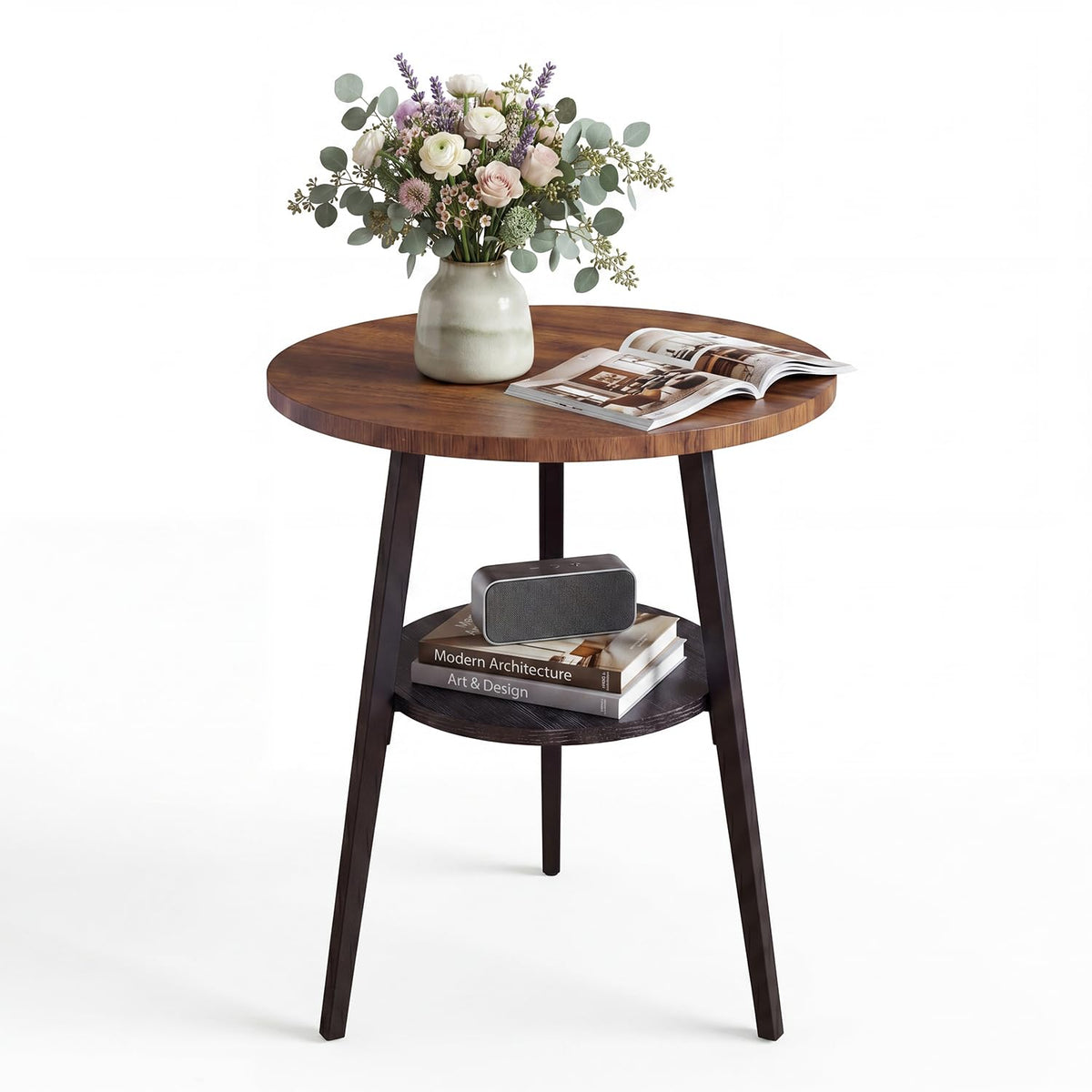 Small Round Side Table, 2-Tier Coffee Table with Storage Shelf