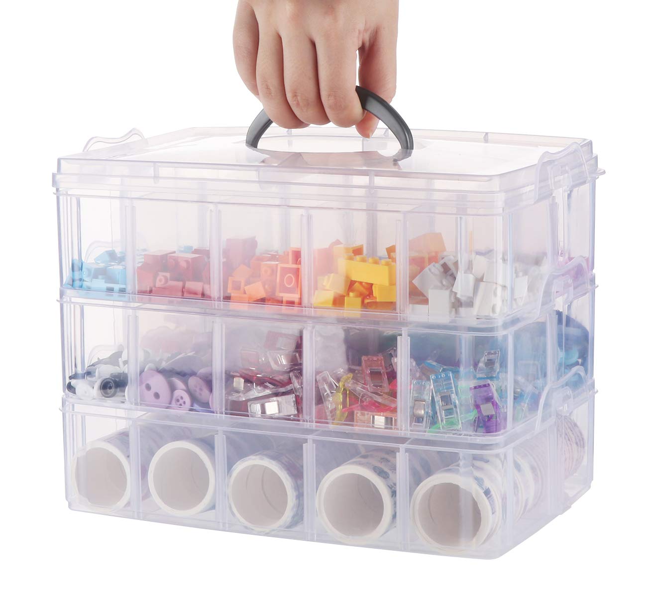 Anstore Craft Storage Box with Removable Compartments, 3-Tier 30 Sections Transparent Stackable Box Organiser with Lid