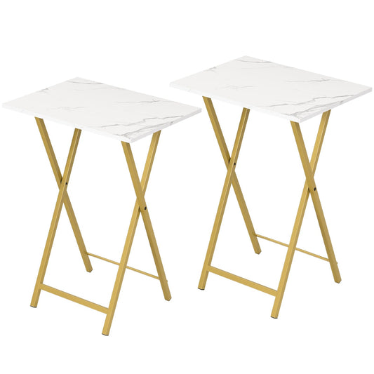 HOOBRO Folding Tables 2 Set, TV Tables for Eating Foldable, TV Tray Table, Small Sofa Laptop Dinner Table for Small Space, Metal Frame, Marble and