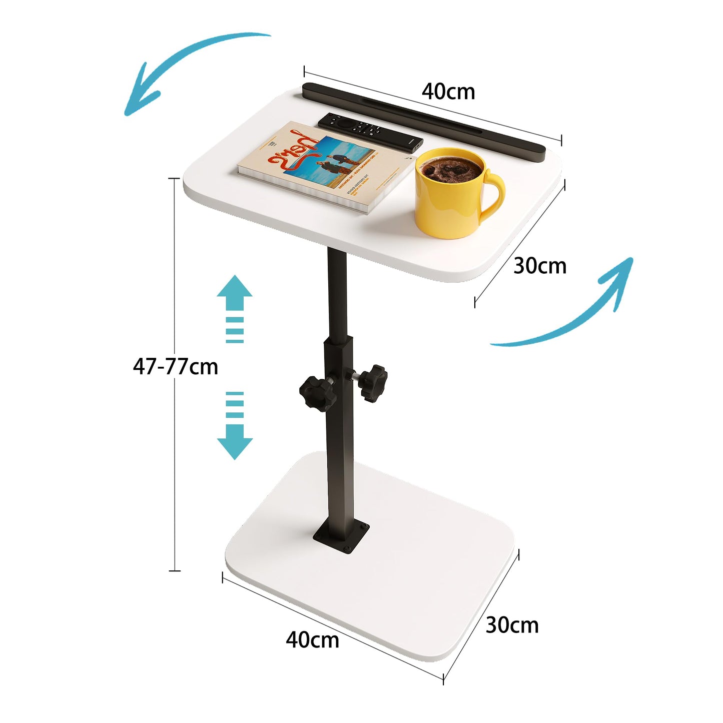Xyphren C Shaped Side Table, 40x30cm Height Adjustable End Table for Small Spaces, 360° Swivel with Anti-Slip Bar