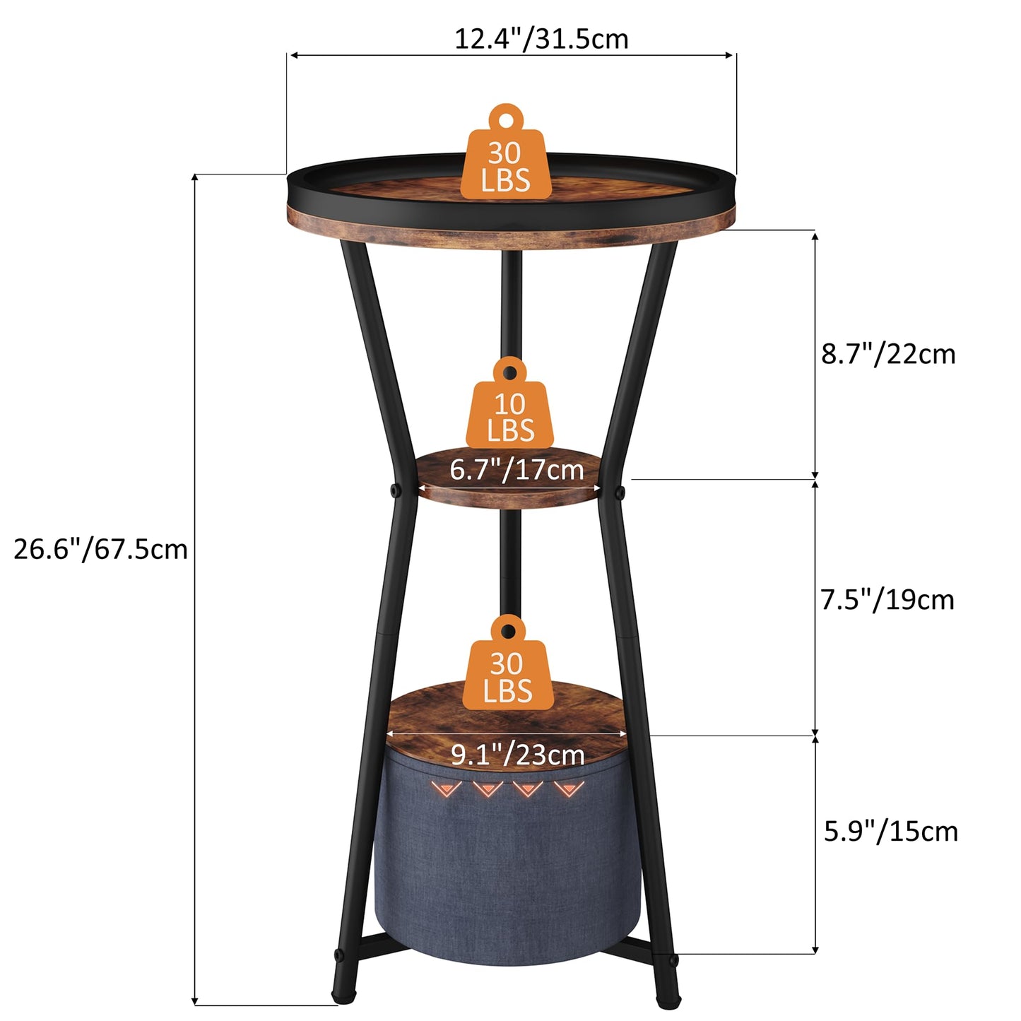 Yusong Round Side Table, Small Drink Table for Small Spaces, 3-Tier Industrial Corner Table, Bedside Table Highlight for Living Room, Bedroom, Sofa