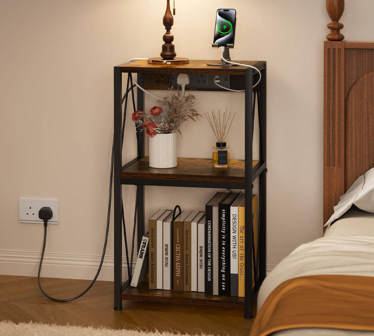 HFHOME Vinyl Record Storage with Charging Station, 3 Tier Side Table Living Room Cabinet, able with Storage, Turntable Stand in Living Room, Bedroom