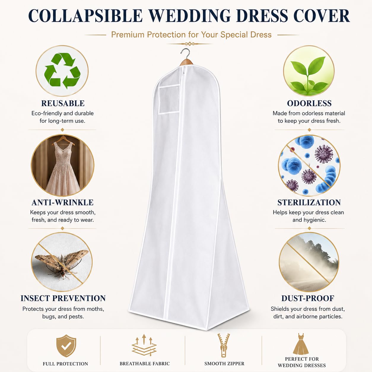 Hanging Wedding Dress Cover 180x60x40cm, Bridal Gown Garment Cover Storage Bag, Full Length Travel Protector for Bridal Dress