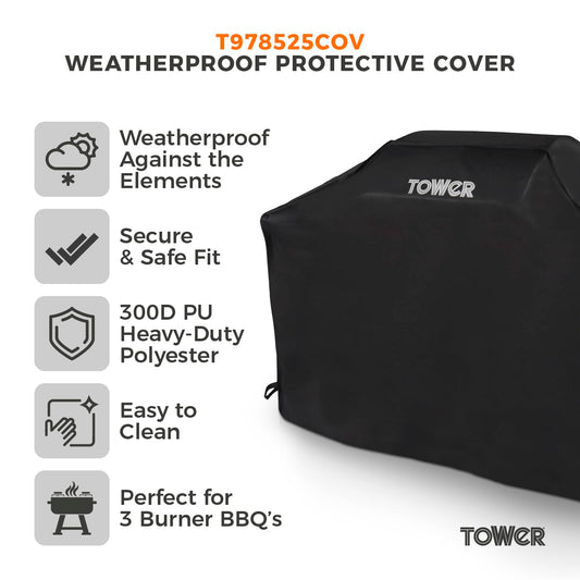 Tower Large BBQ Cover - Heavy-Duty Waterproof & Windproof Outdoor Gas Grill Cover, UV Resistant, Black (H124 x W140 x D47cm)