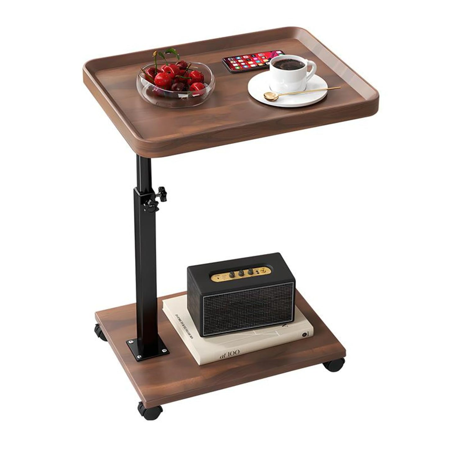YYW C Shaped Side Table, Height Adjustable Bedside Table with Wheels, 360°Swivel Sofa End Tables, Wooden Coffee End Table for Living Room Bedroom