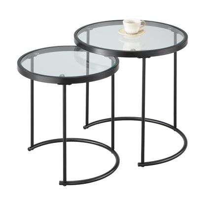 ASPECT Visio Set of 2 Round Nesting Table-Clear Glass Top/Black Frame Clear/Black