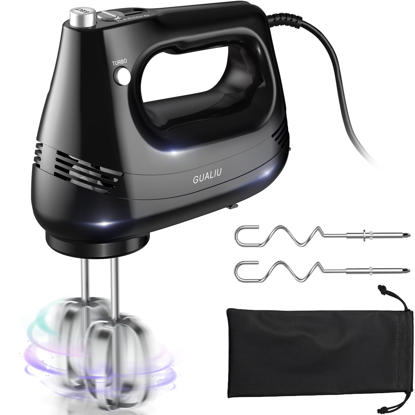 GUALIU Electric Hand Mixer with 304 Stainless Steel Whisk, Dough Hook, Handheld Mixer for Baking Cakes, Eggs, Cream Food Mixers. Turbo Boost/5 Speed