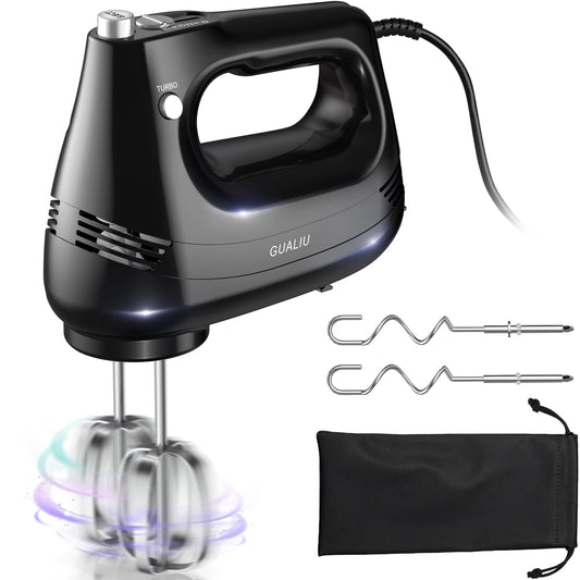 GUALIU Electric Hand Mixer with 304 Stainless Steel Whisk, Dough Hook, Handheld Mixer for Baking Cakes, Eggs, Cream Food Mixers. Turbo Boost/5 Speed