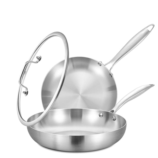 Inqibee 22 & 26 CM Tri-Ply Stainless Steel Frying Pan Set with Lid,Skillets,Induction Cooking Pans,Dishwasher and Oven Safe.