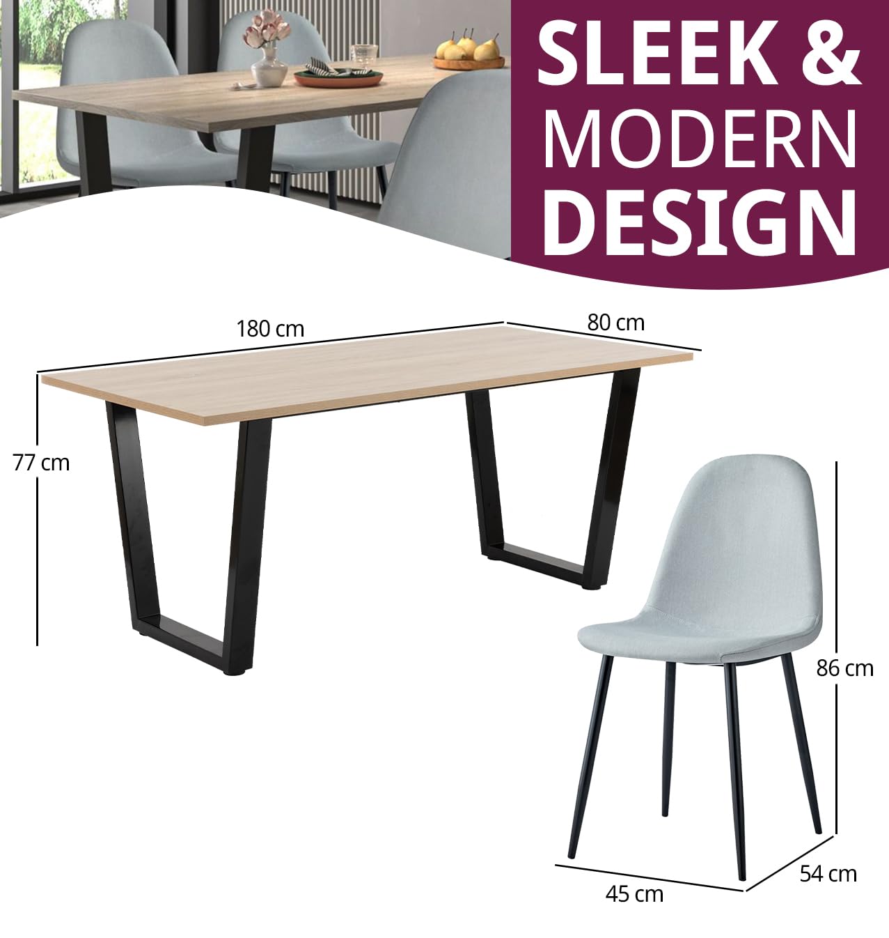 Hallowood Furniture Dudley Modern Dining Table and Chairs Set 4, 180x80cm