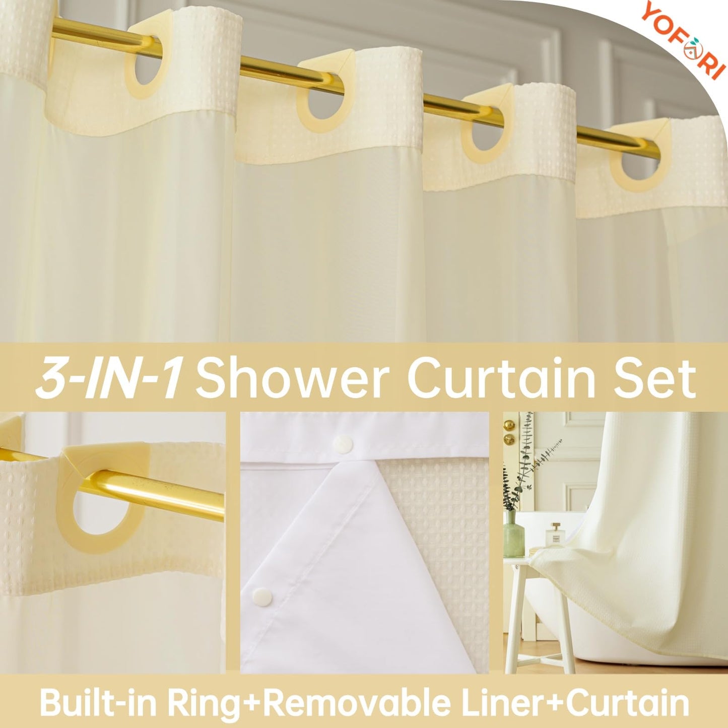 Yofori Hookless Shower Curtain with Snap in Fabric Liner Set, Waffle Shower Curtain with See Through Top Window Wet Room Shower Curtains for Bathroom