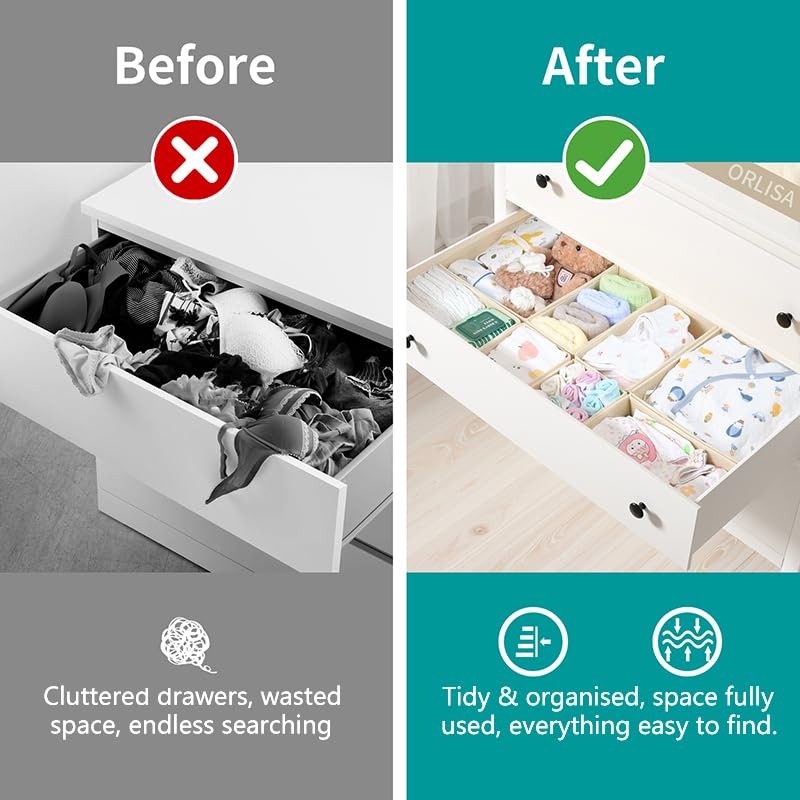 ORLISA 8 Pack Drawer Organiser for IKEA Hemnes, Wardrobe Storage Organiser with PP Panels, Foldable Fabric Drawer Dividers for Clothes, Underwear