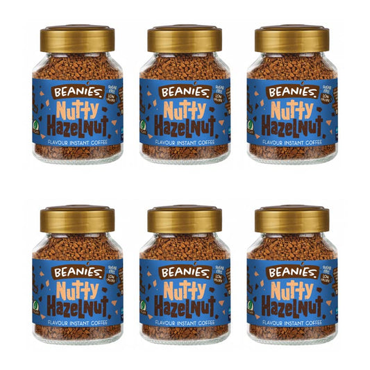 6X Beanies Nutty Hazelnut Flavoured Instant Coffee Jars: 50g per jar