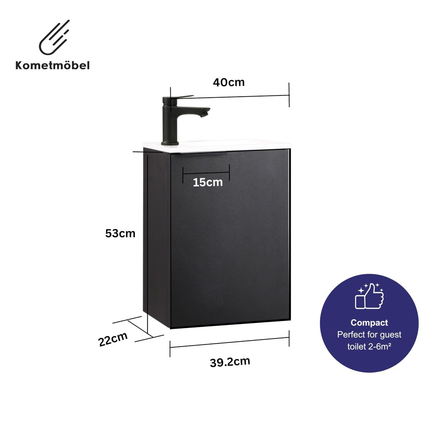 Kometmöbel Cloakroom Vanity Unit With Wash Basin Bathroom Vanity 40cm Wall Hung (Black with Handle 40cm, Without Tap)