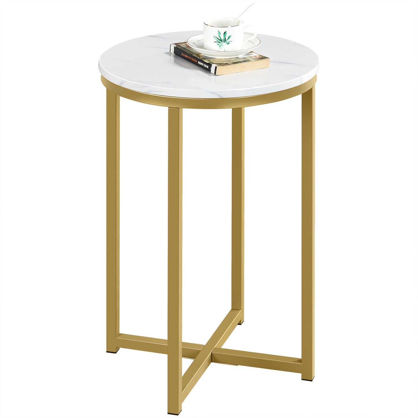 Yaheetech Round Faux Marble Side Table with X-Frame, Mustard Gold
