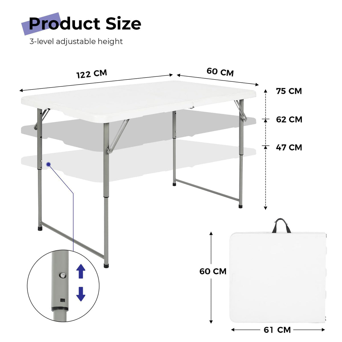 Byliable 4FT 122cm Folding Table Adjustable Height Heavy Duty White