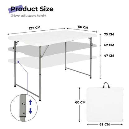 Byliable 4FT 122cm Folding Table Adjustable Height Heavy Duty White