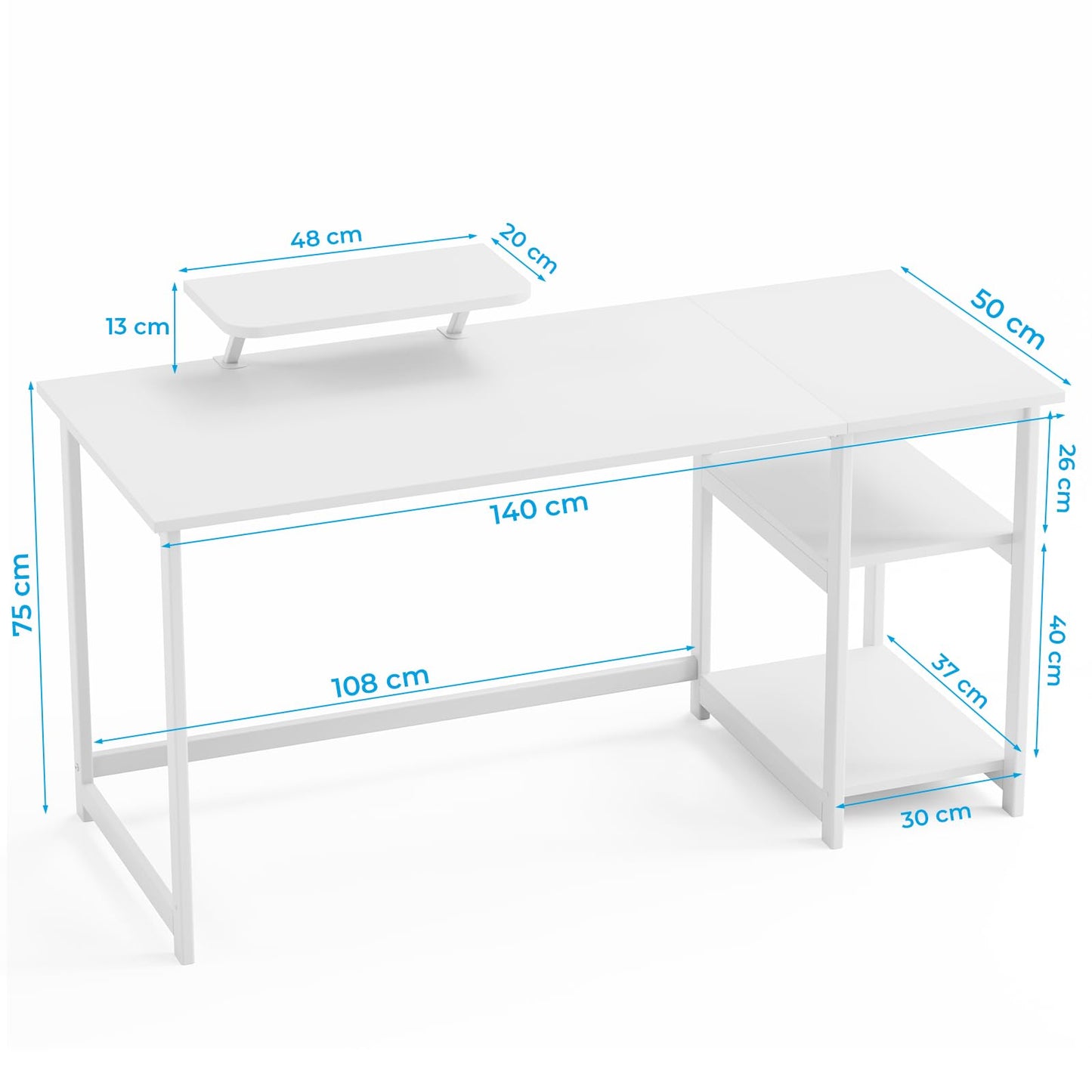GreenForest Office Desk 140cm with Monitor Stand, Full White