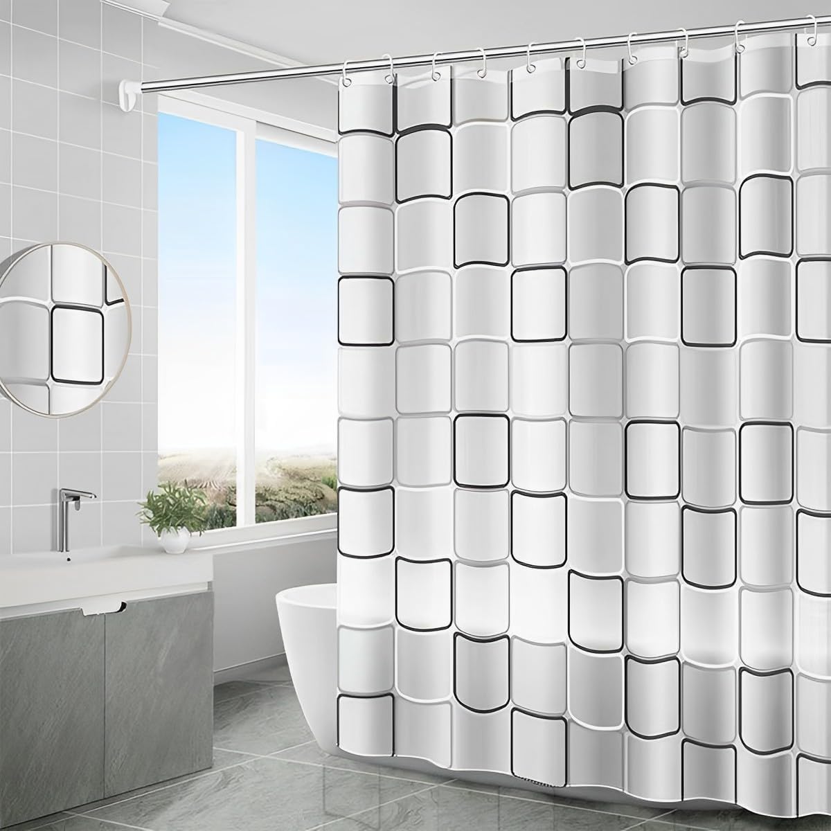 KineticKraft Checkered Shower Curtain, 200 x 200 cm Quick-Drying