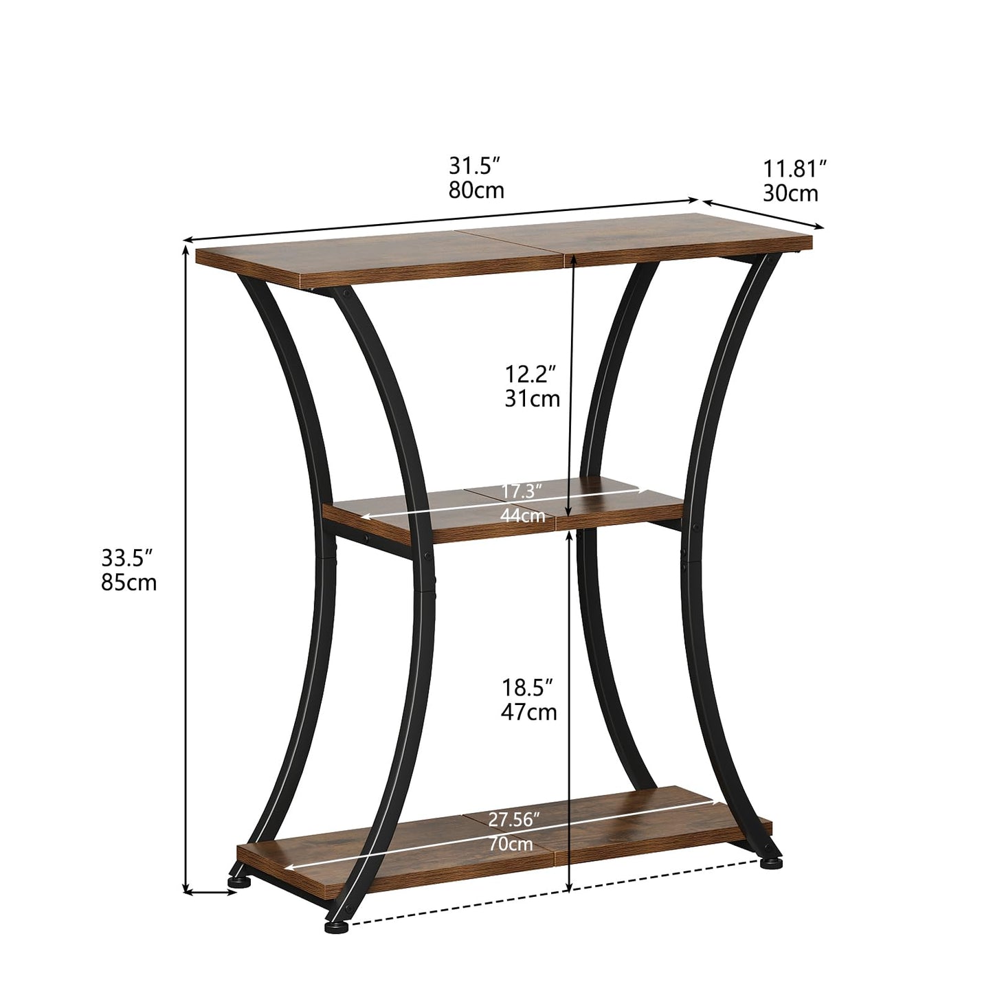 Trironsun Rustic Narrow Console Table with 3 Tiers, Slim Hallway Table with Curved Metal Frame and Open Shelves