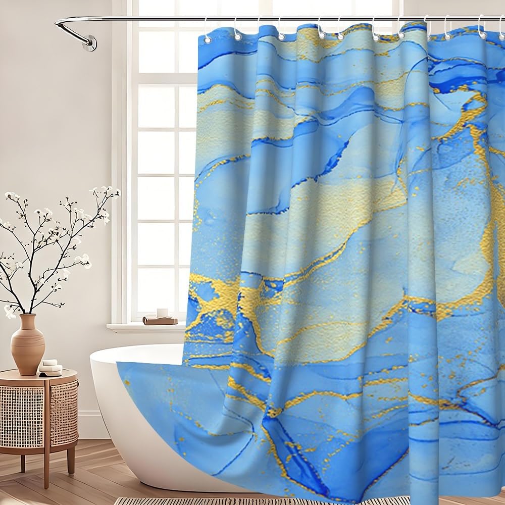 Xiaoterna 105x160cm Marble Shower Curtain Watercolor Navy Blue Gold Lines Waterproof Polyester Bathroom Curtain Luxury Modern Aesthetic Artistic