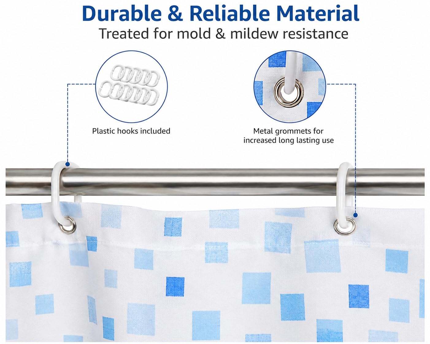 KAV Waterproof Shower Curtain, Mold & Mildew Resistant, Soft Polyester Fabric, Rustproof Eyelets, Ideal Room Decor for Home, Hotel, School
