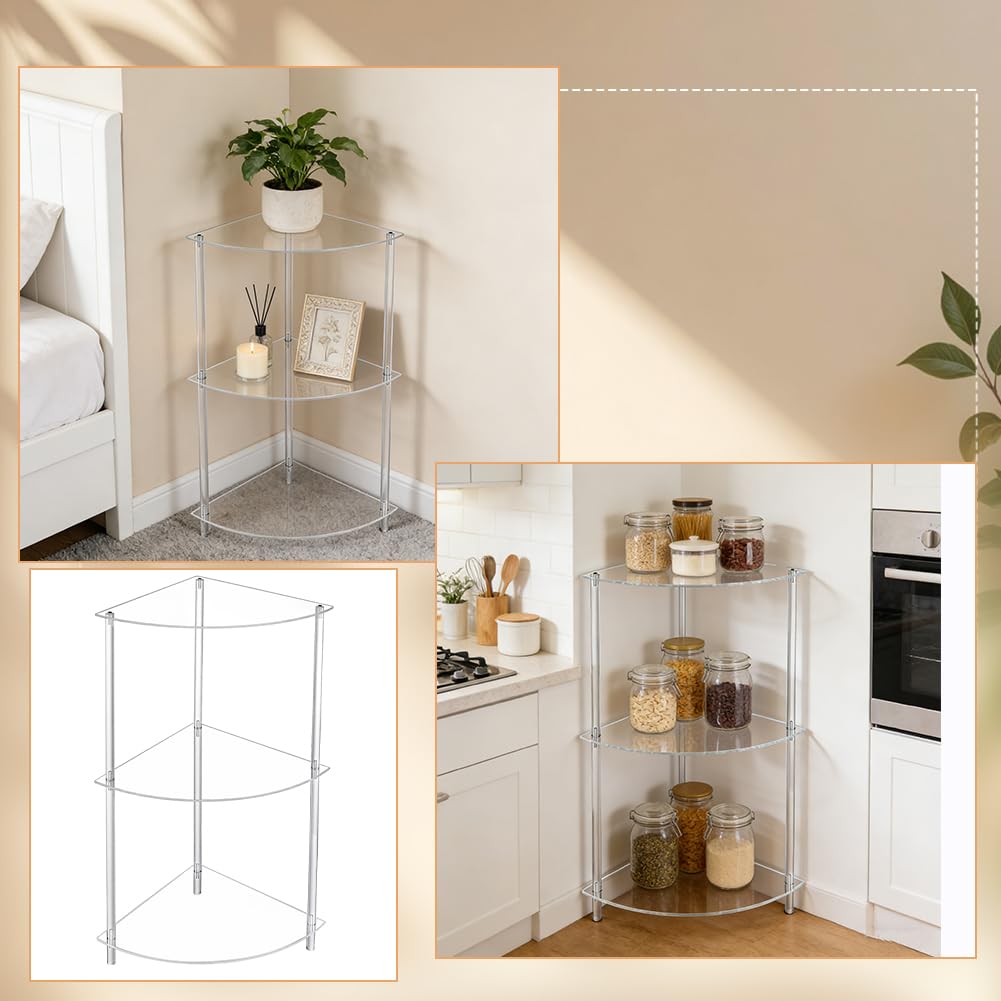 AHANDMAKER Clear Acrylic Corner Table 11.61in L x 11.61in W x 25.59" H Fan Shape Modern Side Table Lightweight Shelf Organizer for Living Room