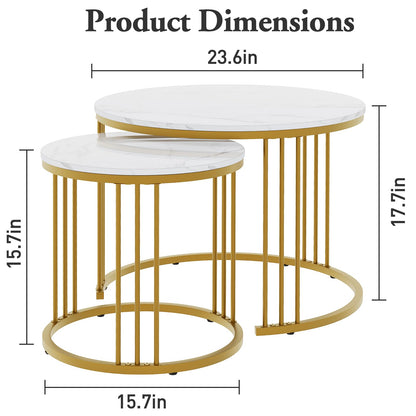 Round Coffee Tables, Set of 2 End Table, Nesting Tables, Side Table with Metal Frame for Living Room/Bedroom/Balcony/Office/Apartment