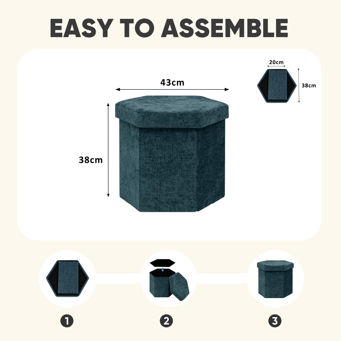 PINPLUS Chenille Ottoman Storage Box, Hexagonal Folding Stool, Blue
