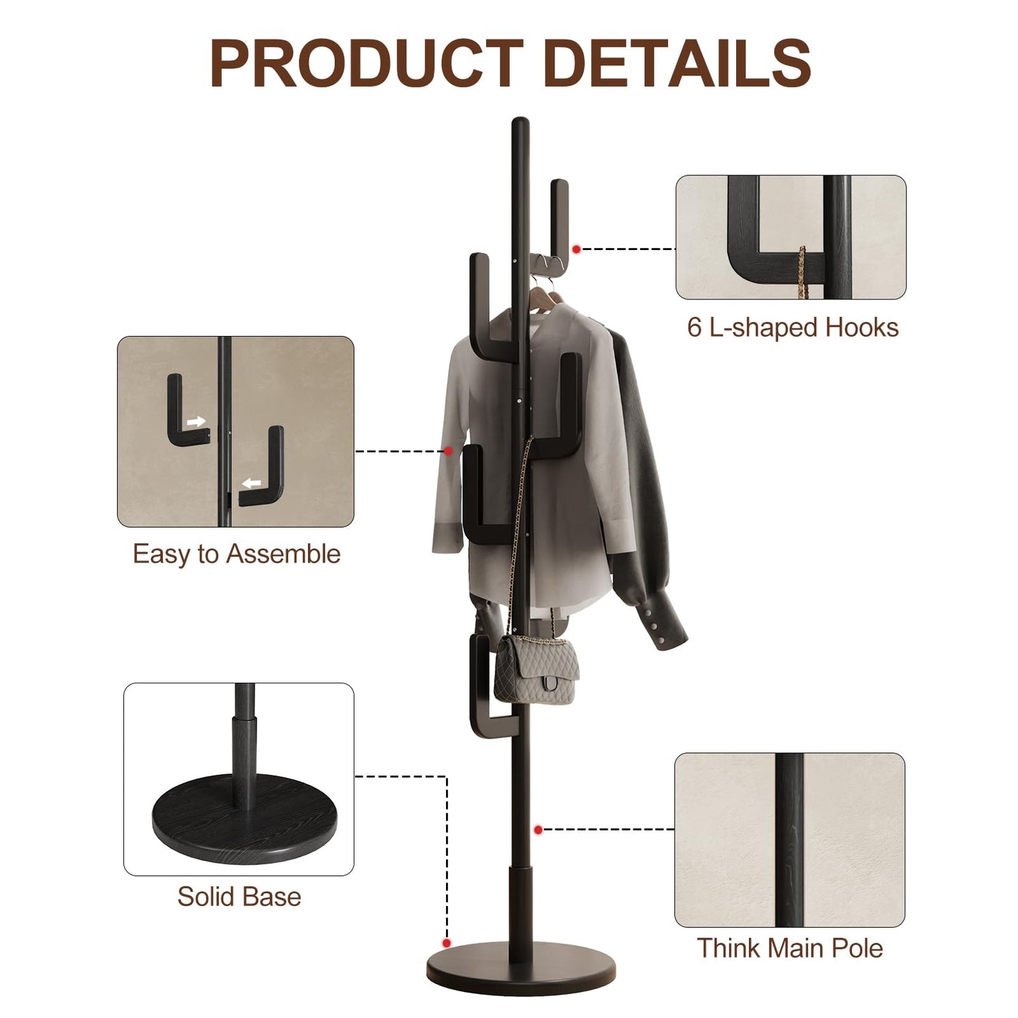AQIMUELE Coat Stand, Woodem Coat Rack Stand - Cactus Design with 6 Hooks, Sturdy and Easy Assembly for Hallway Entryway, Hat Stand for Clothes (Black)